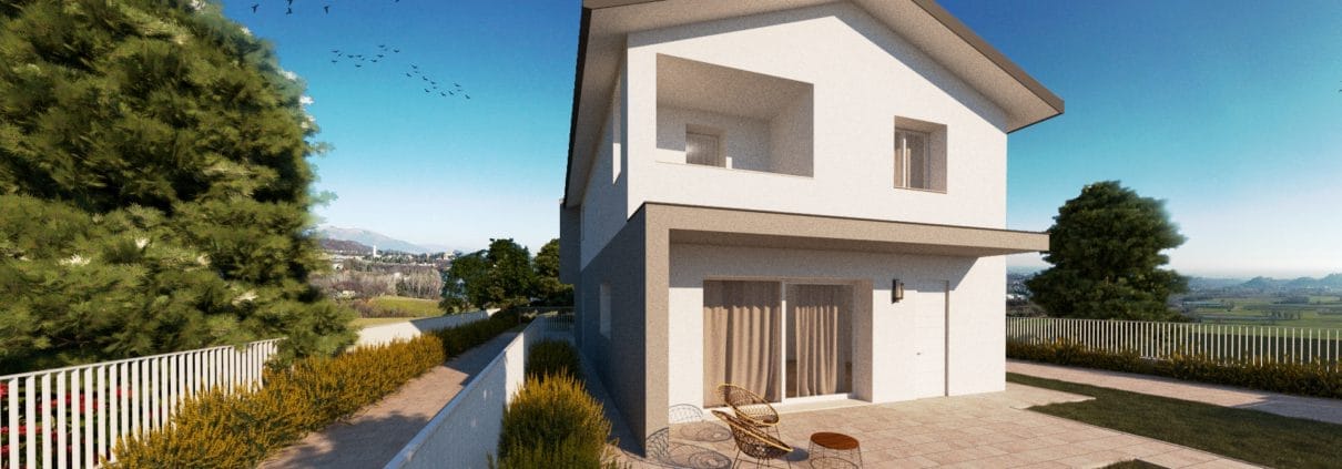 Visione di una casa di nuova costruzione con giardino